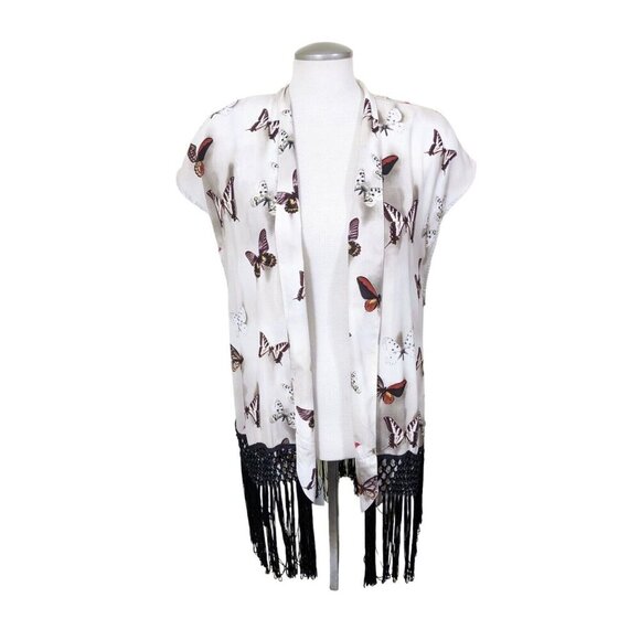 Womens Size 14 Longline Open Vest Fringed Butterfly Print Festival Artsy Boho - Picture 1 of 8